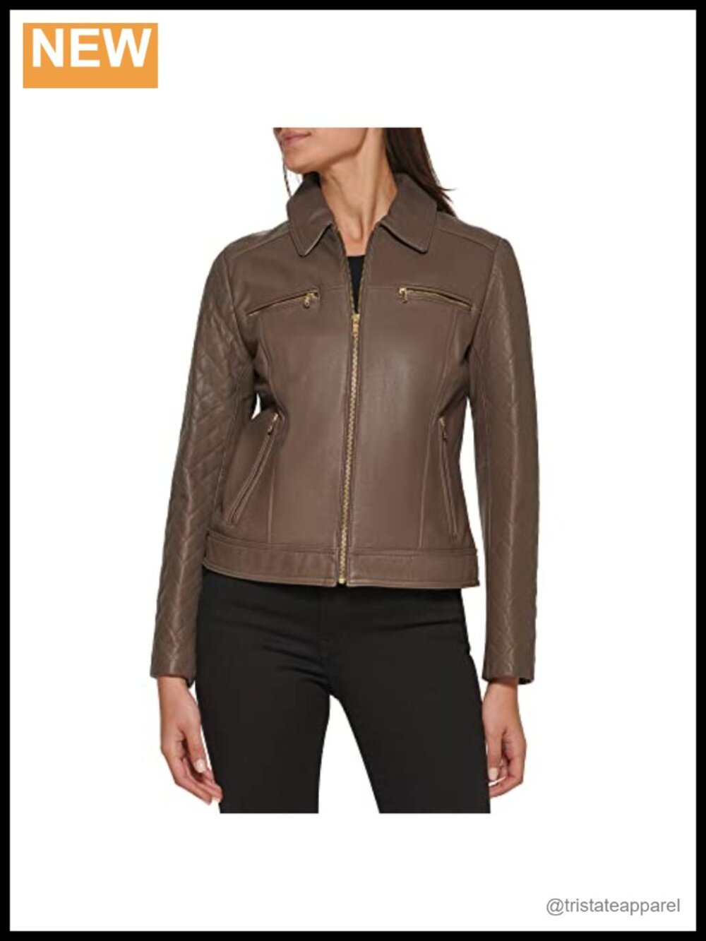 Cole Haan Women's Leather Jacket Diamond Quilted Sleeve Shirt Collar